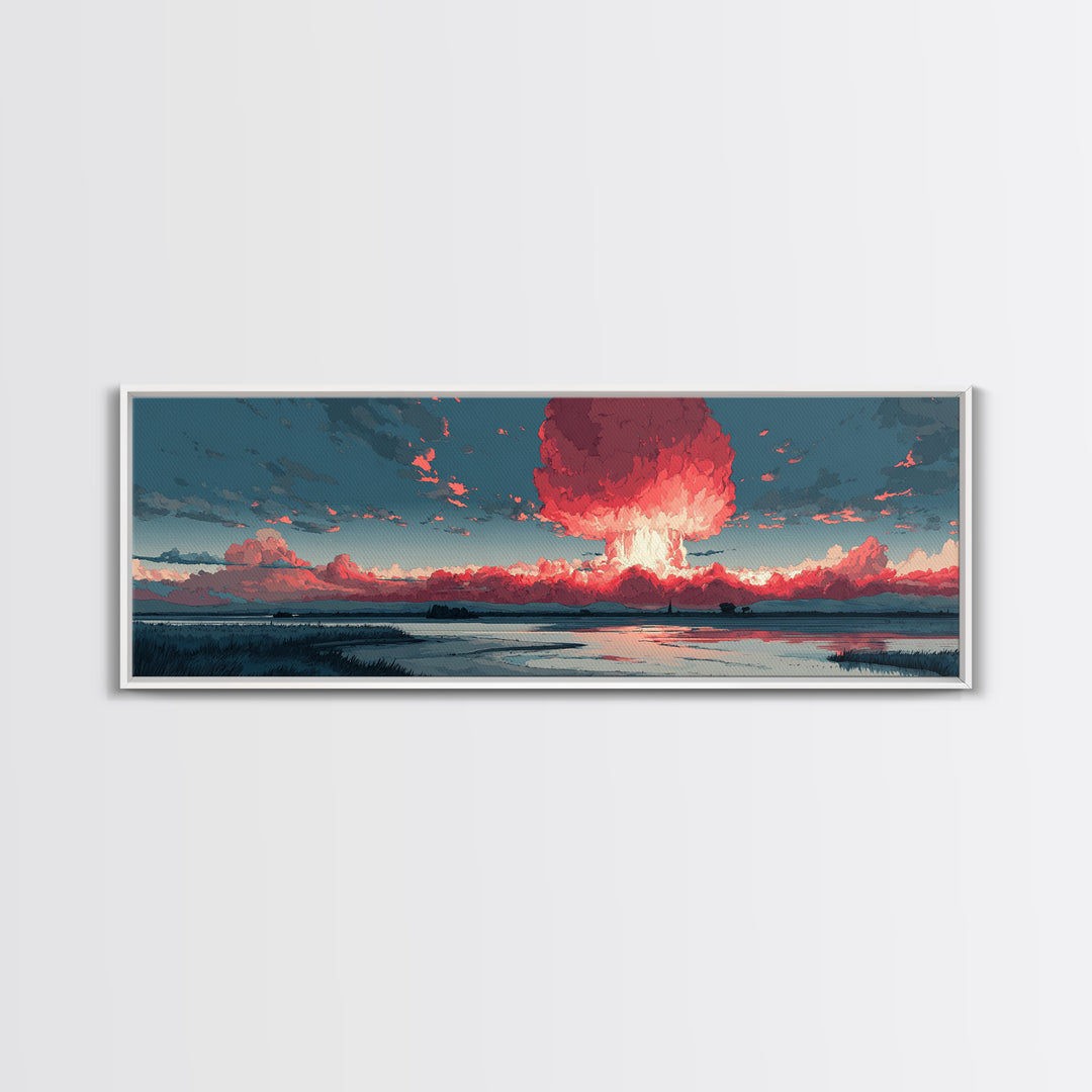 Dramatic Red Mushroom Cloud Over Wetlands Wall Art, Modern Abstract Art Print, Sci Fi Landscape Poster, Statement Home Decor