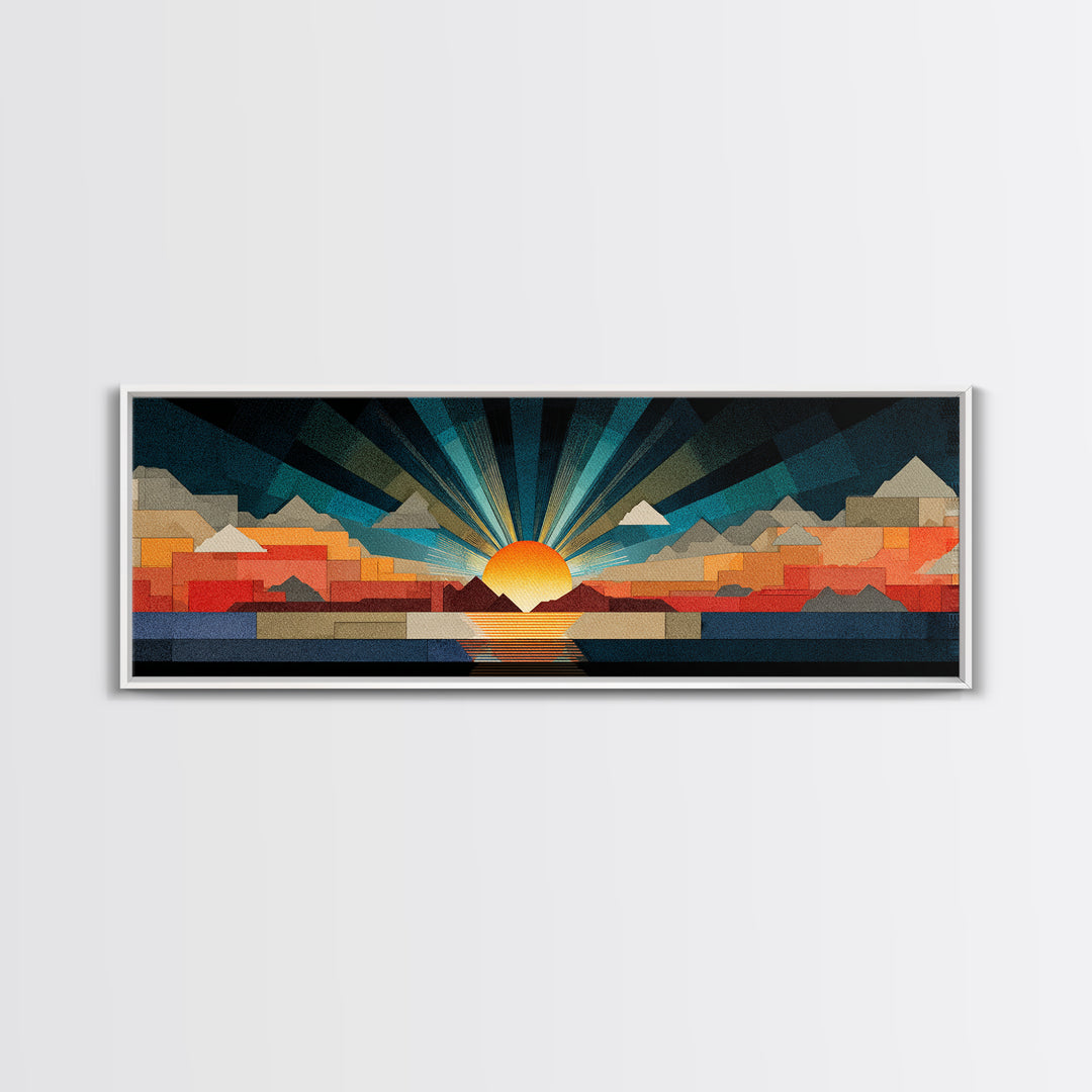 Art Deco Sunrise Mountain Landscape Wall Art, Midcentury Modern Canvas Print, Bold Geometric Retro Living Room Decor Poster