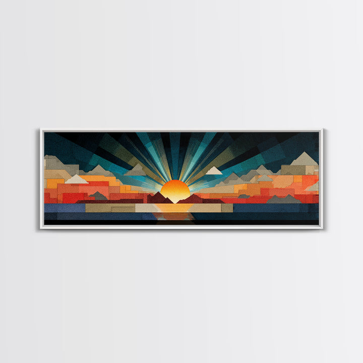 Art Deco Sunrise Mountain Landscape Wall Art, Midcentury Modern Canvas Print, Bold Geometric Retro Living Room Decor Poster