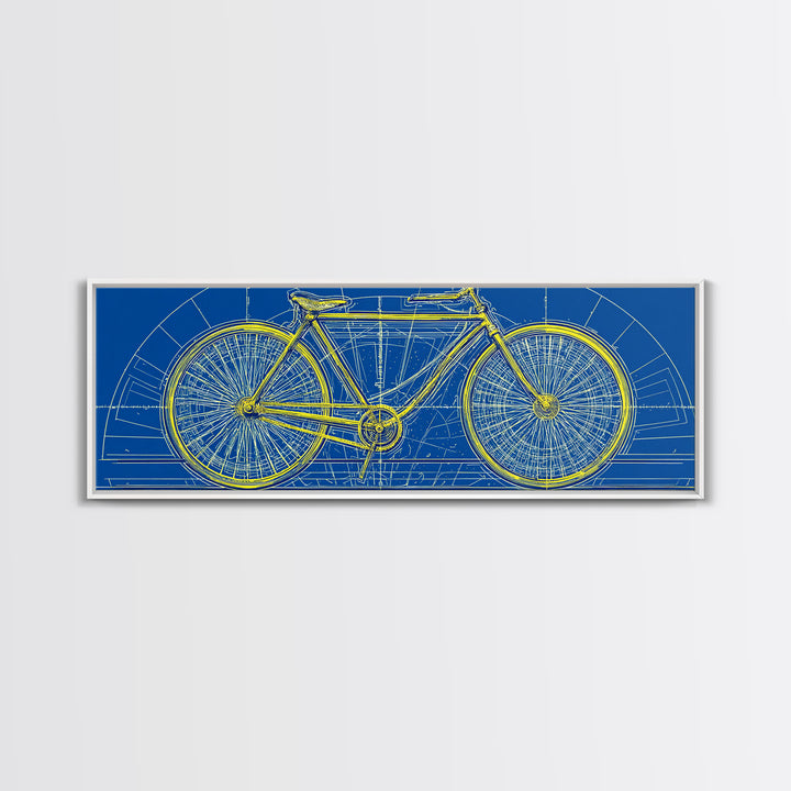 Blue Yellow Bicycle Blueprint Canvas Print, Mid Century Modern Wall Art, Cycling Poster, Geometric Retro Office Decor Gift