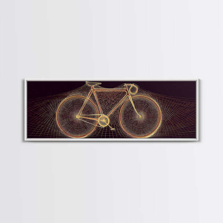 Glowing Gold Road Bicycle Framed Canvas Print, Retro Futuristic Cycling Wall Art, Modern Geometric Poster, Man Cave Decor