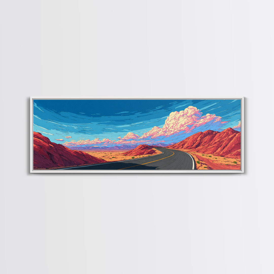 Red Canyon Highway Framed Canvas Print, Modern Wall Art, Retro Travel Poster Style, Colorful Landscape, Southwestern Decor