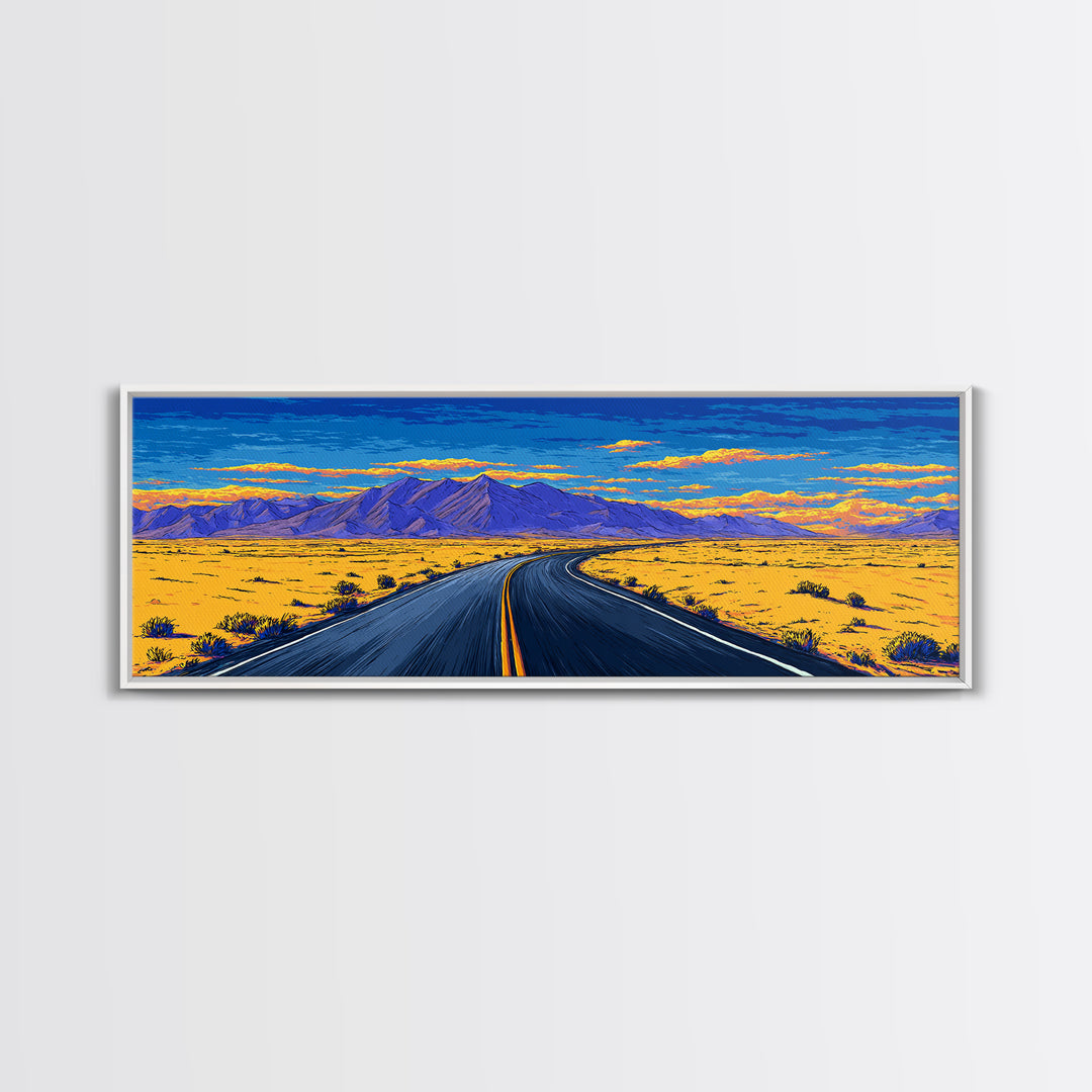 Vibrant Desert Highway And Purple Mountains Wall Art, Mid Century Modern Landscape Poster, Retro Road Trip Home Decor Print