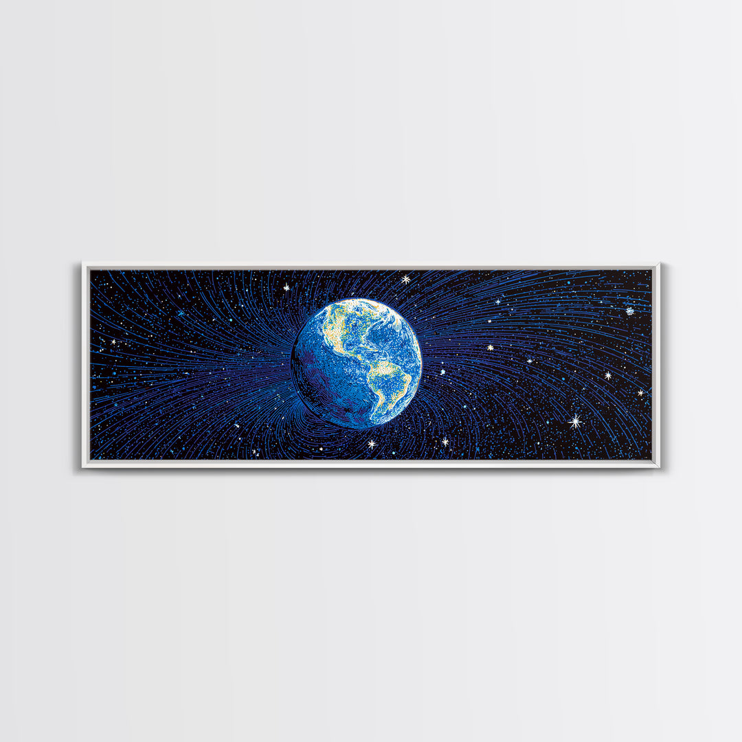 Blue Earth Magnetosphere And Starfield Wall Art, Retro Space Science Poster, Modern Digital Art Print For Office Decor And Astronomy Gift