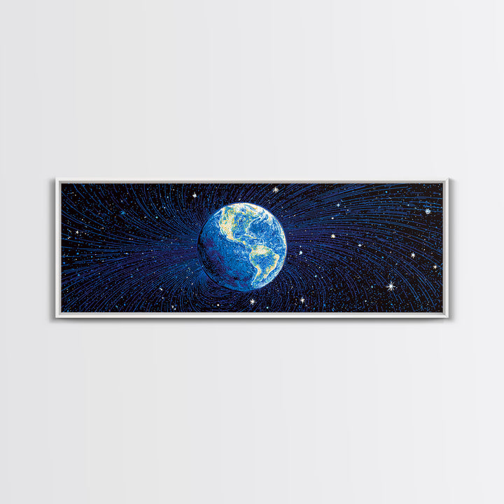 Blue Earth Magnetosphere And Starfield Wall Art, Retro Space Science Poster, Modern Digital Art Print For Office Decor And Astronomy Gift