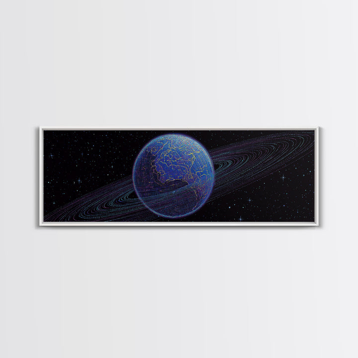 Ringed Blue Planet In Starry Space Canvas Print, Retro Sci Fi Wall Decor, Modern Digital Art Poster For Office And Bedroom