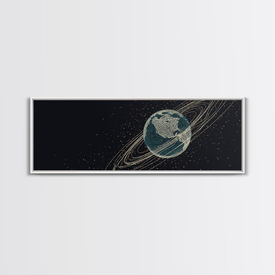 Dark Earth With Orbital Rings Framed Canvas Print, Retro Space Science Wall Decor, Modern Astronomy Art For Home Office Gift