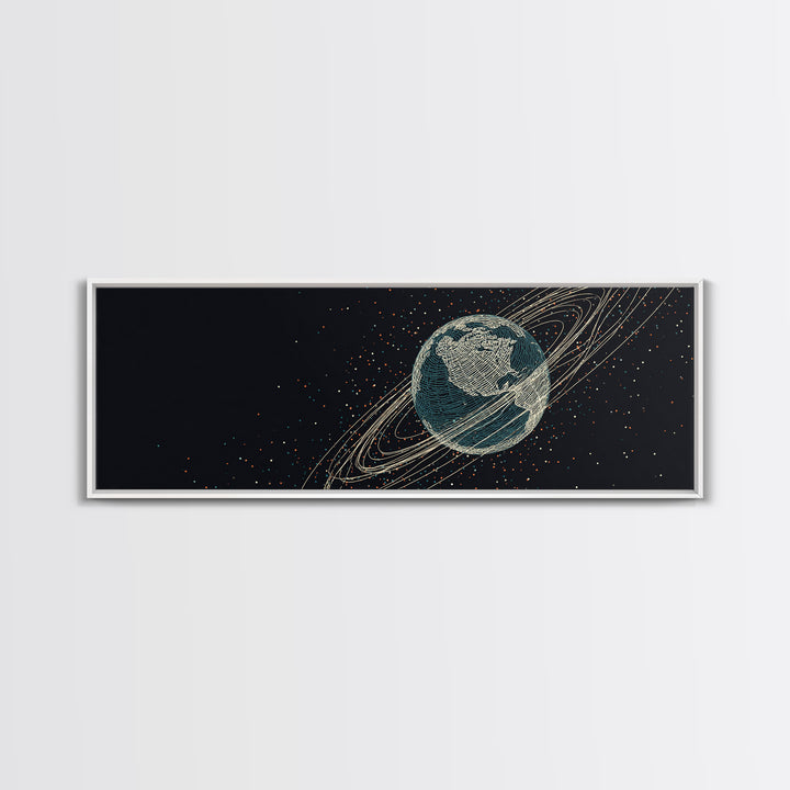 Dark Earth With Orbital Rings Framed Canvas Print, Retro Space Science Wall Decor, Modern Astronomy Art For Home Office Gift