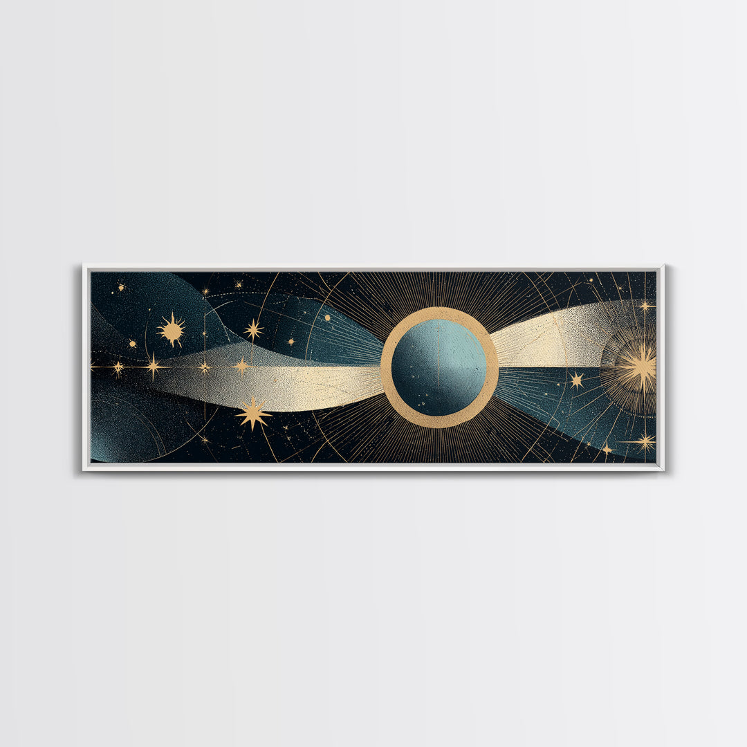 Abstract Solar Eclipse With Golden Stars Wall Art, Mid Century Modern Celestial Poster, Cosmic Retro Print For Living Room