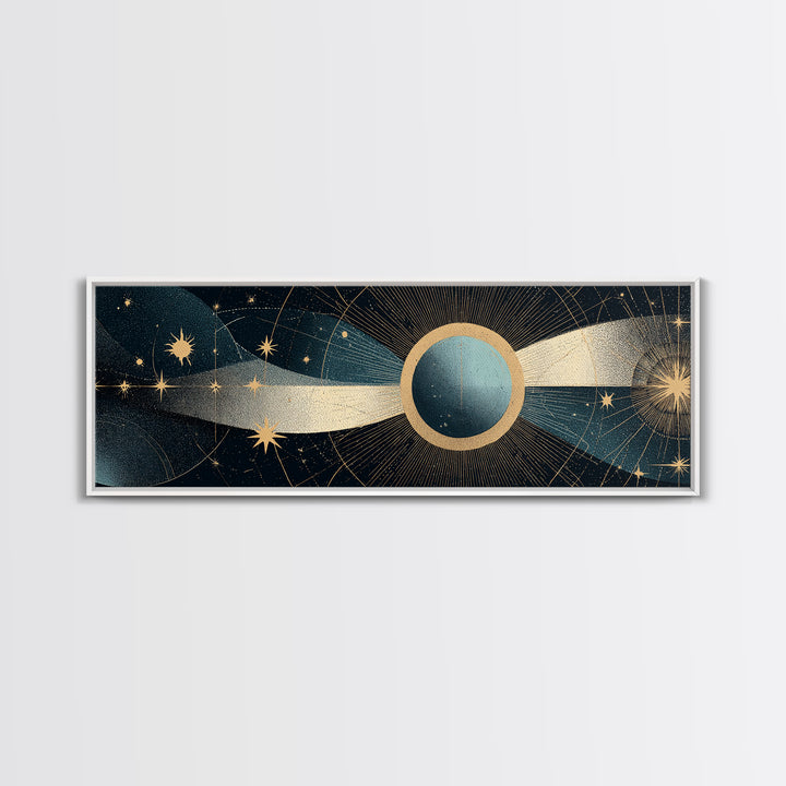 Abstract Solar Eclipse With Golden Stars Wall Art, Mid Century Modern Celestial Poster, Cosmic Retro Print For Living Room