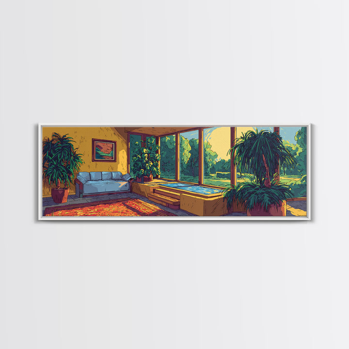 Sunlit Living Room With Lush Houseplants Canvas Print, Mid Century Modern Interior Wall Decor, Cozy Botanical Art Print Poster