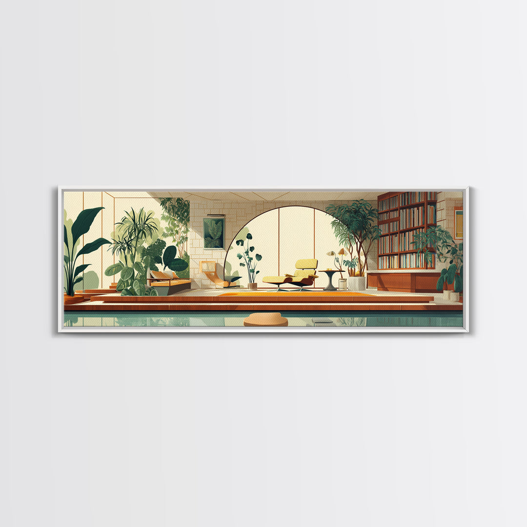 Sunlit Indoor Pool Atrium With Plants Wall Art, Midcentury Modern Decor, MCM Home Office, Retro Architectural Living Room Print