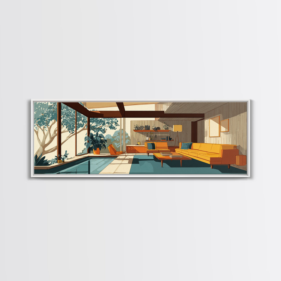 Glass Wall Living Room With Pool Wall Art, Midcentury Modern Decor, MCM Architecture, Retro Home Office Interior Design Canvas Print