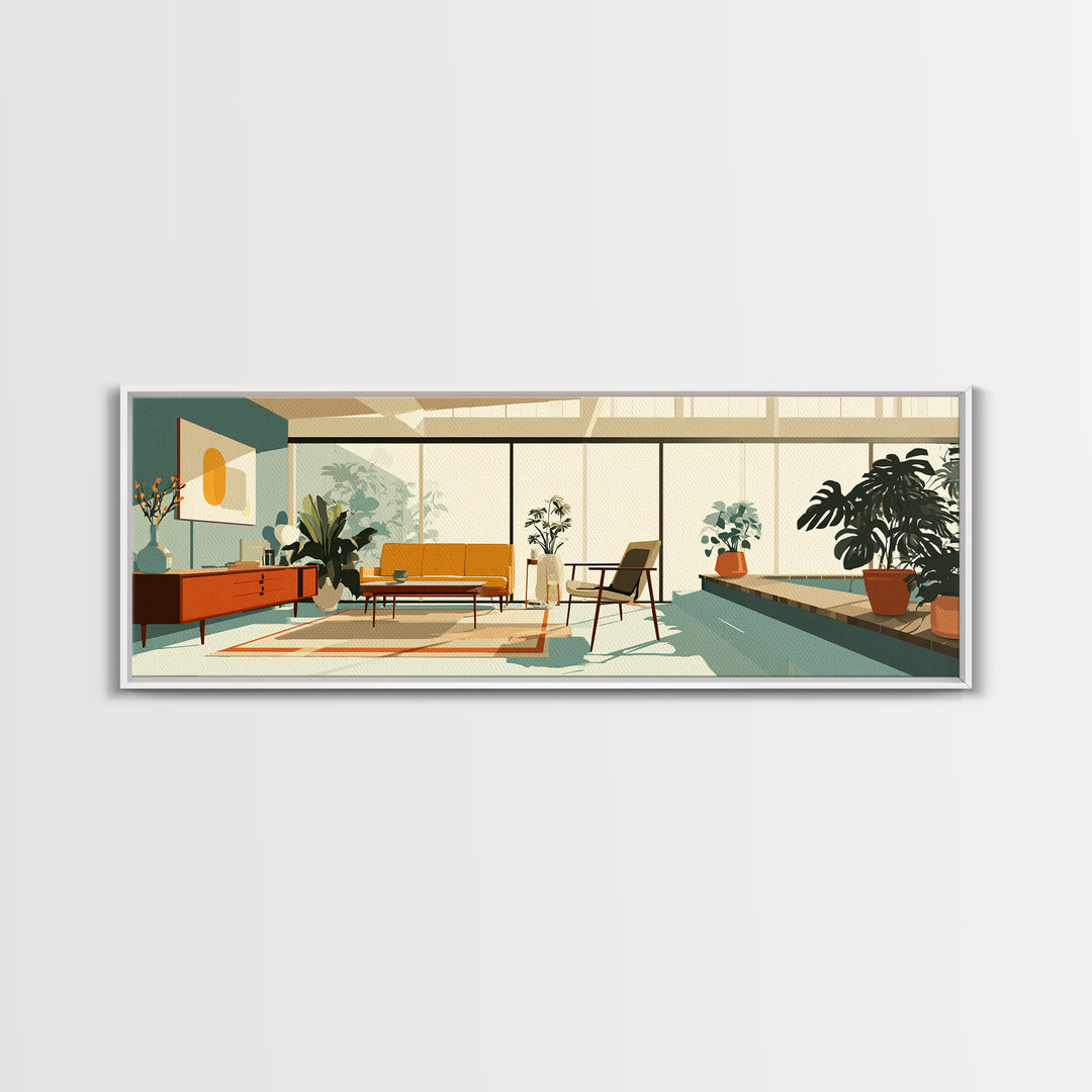 Sunny Plant Filled Living Room Wall Art, Midcentury Modern Decor, MCM Furniture, Retro Architectural Home Office Canvas Print