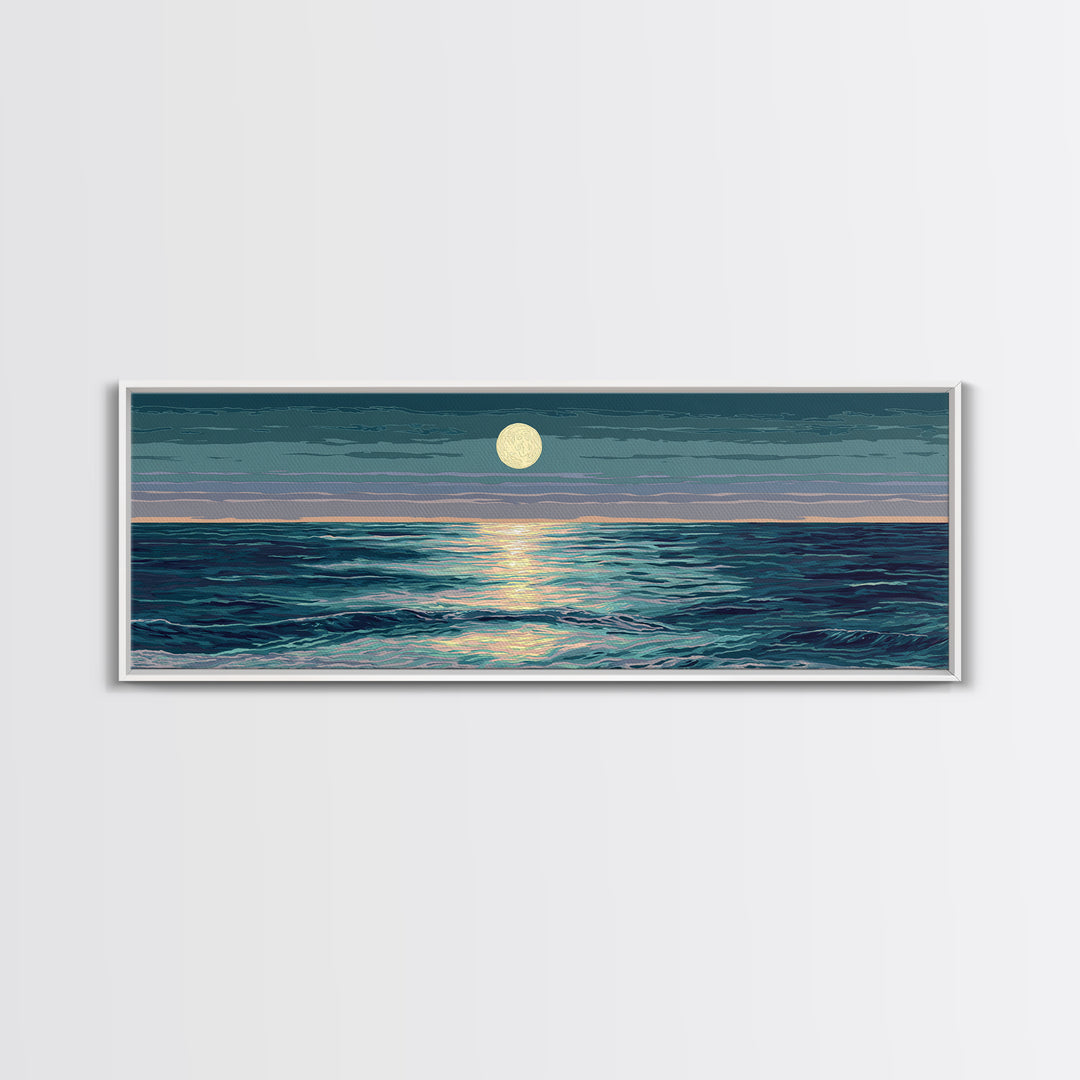 Moonlit Ocean Waves Under Full Moon Wall Art, Coastal Modern Decor, Blue Seascape, Serene Bedroom Living Room Canvas Print