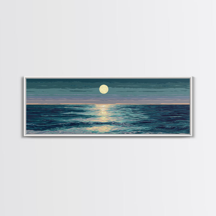 Moonlit Ocean Waves Under Full Moon Wall Art, Coastal Modern Decor, Blue Seascape, Serene Bedroom Living Room Canvas Print