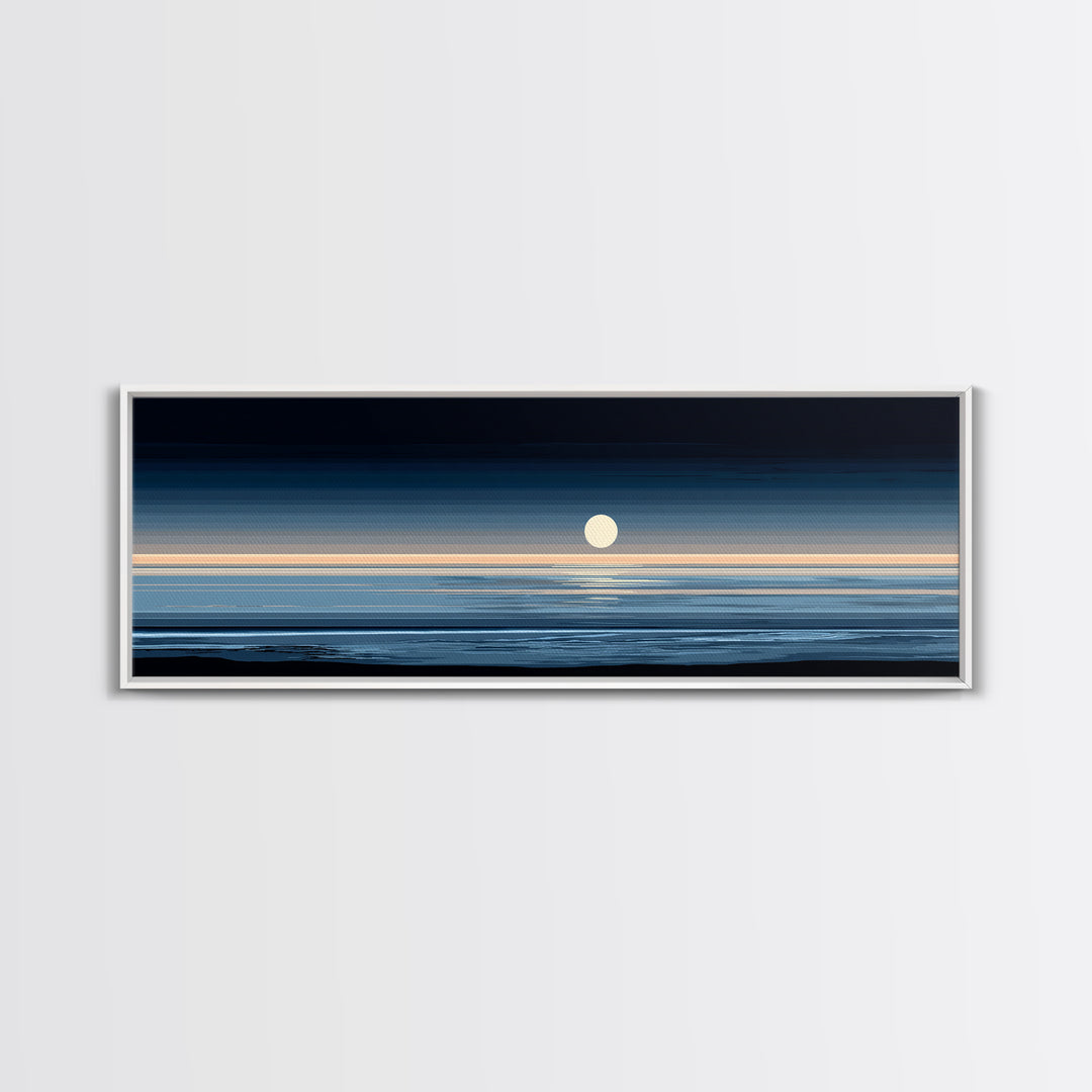 Minimal Moon Over Calm Horizon Wall Art, Modern Coastal Decor, Blue Abstract Seascape, Serene Bedroom Large Canvas Print
