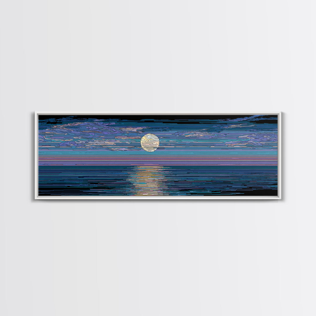 Striped Full Moon Ocean Reflection Wall Art, Modern Abstract Decor, Blue Coastal Seascape, MCM Retro Bedroom Canvas Print