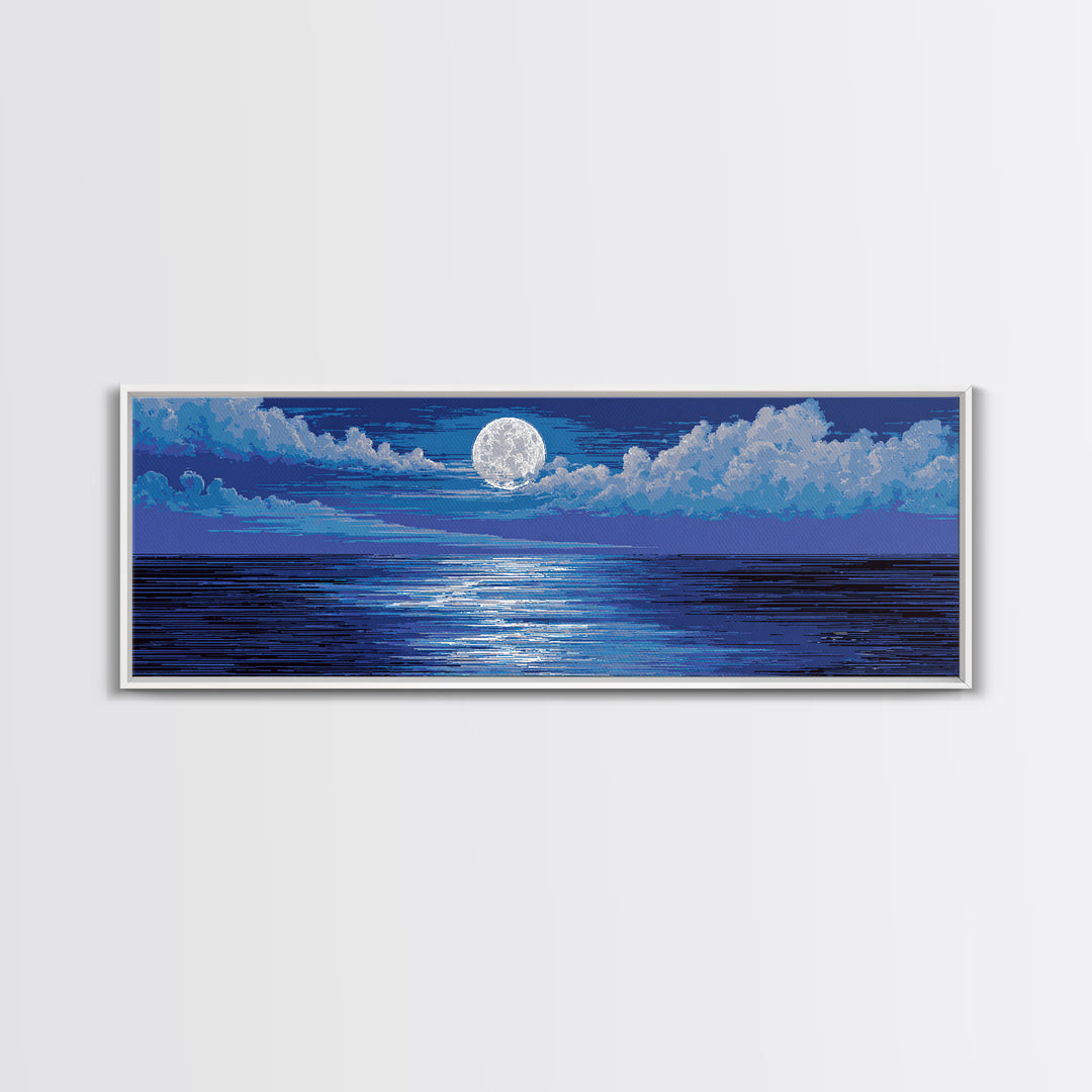Bright Full Moon Over Blue Ocean Clouds Wall Art, Modern Coastal Decor, Serene Seascape, Bedroom Living Room Large Canvas Print