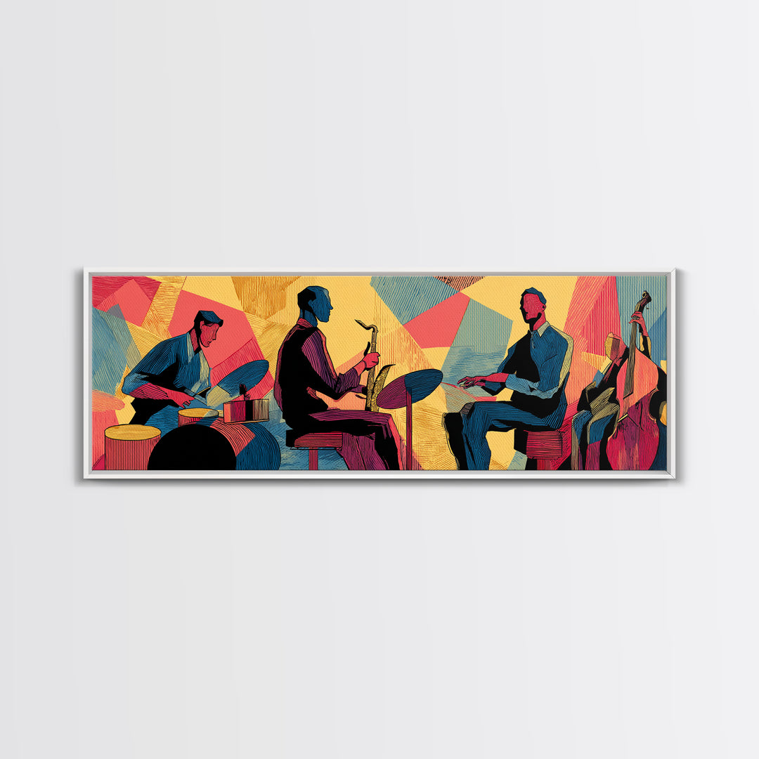 Vibrant Jazz Trio And Bass Canvas Print, Midcentury Modern Wall Art, Colorful Music Poster, Bold Retro Living Room Decor