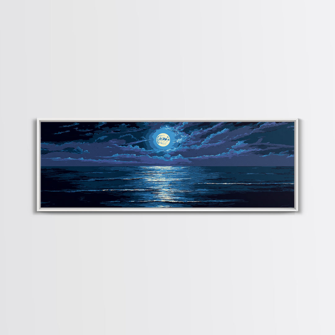 Dramatic Moonlit Ocean With Storm Clouds Wall Art, Modern Coastal Decor, Blue Seascape, Moody Bedroom Large Canvas Print