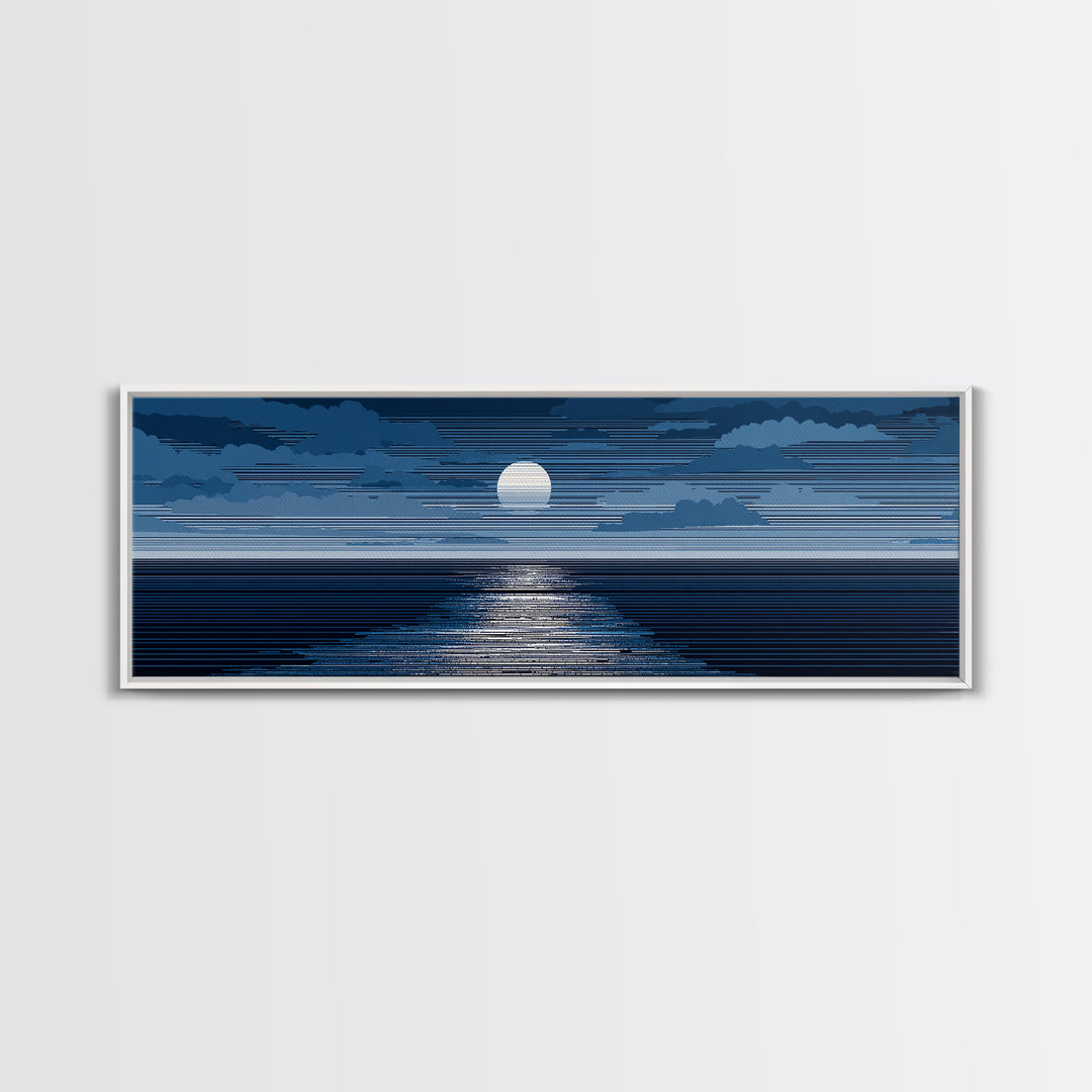 Blue Moonlit Ocean Horizon Wall Art, Mid Century Modern Seascape Print, Navy Coastal Decor, Serene Bedroom Artwork, Living Room Art