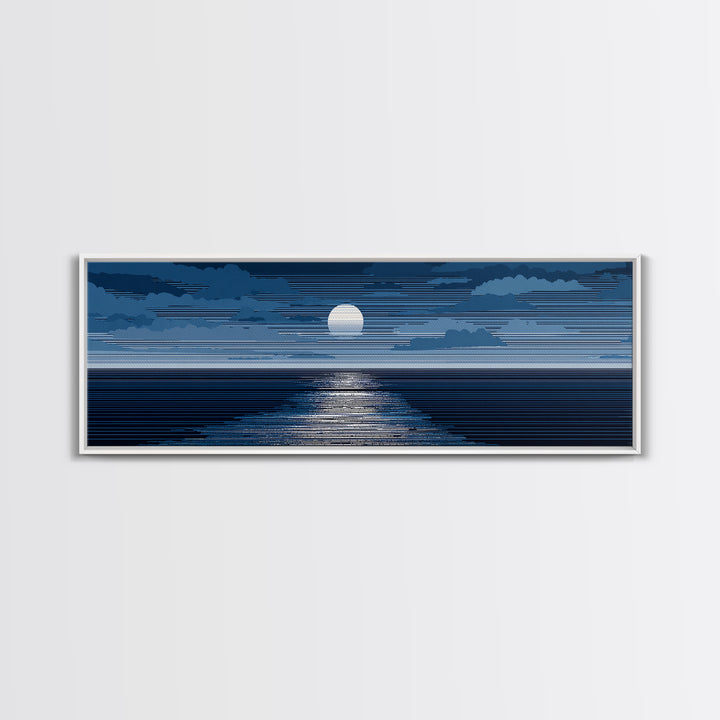 Blue Moonlit Ocean Horizon Wall Art, Mid Century Modern Seascape Print, Navy Coastal Decor, Serene Bedroom Artwork, Living Room Art