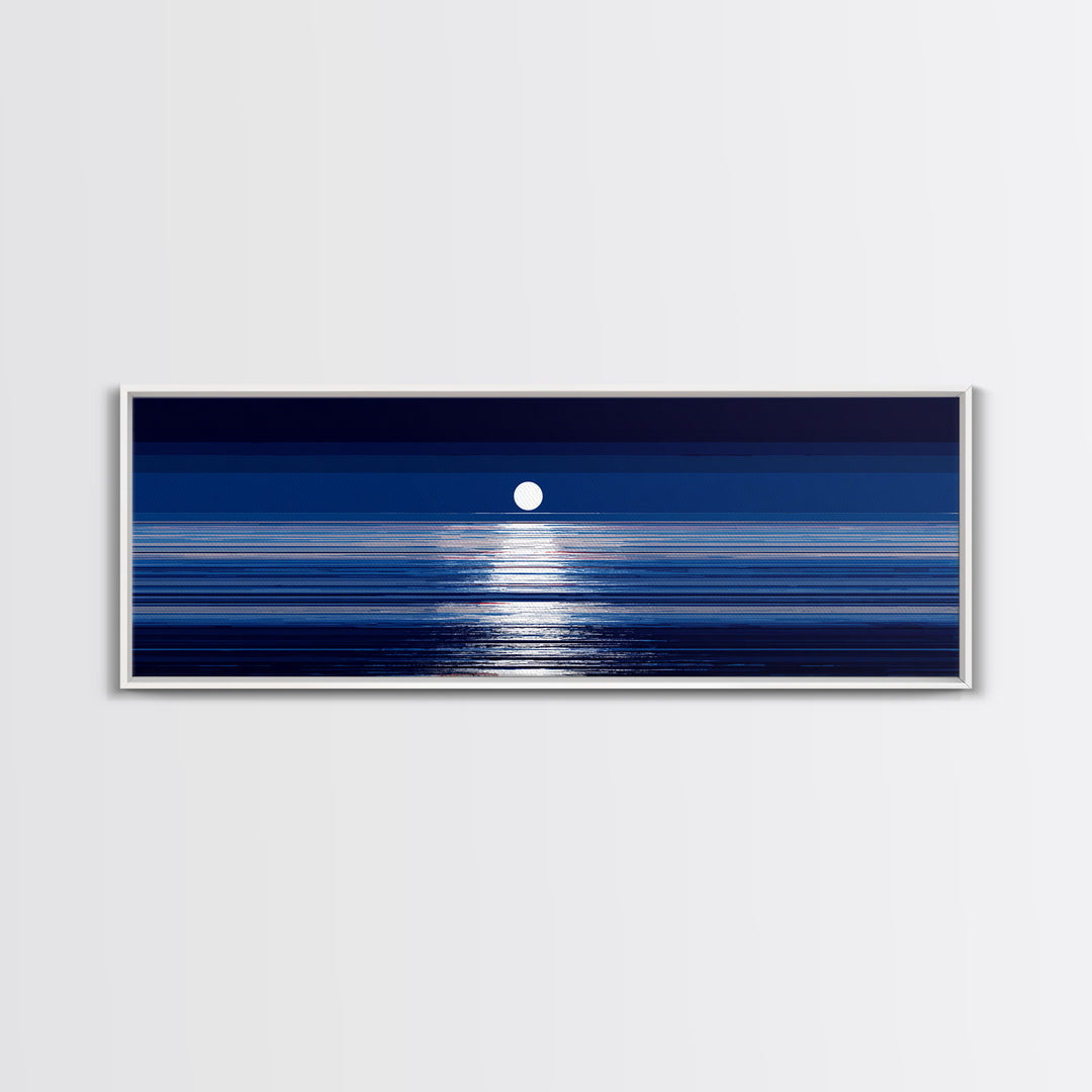 Full Moon Ocean Reflection Canvas Print, Modern Blue Seascape Wall Decor, Coastal Bedroom Art, Serene Living Room Artwork