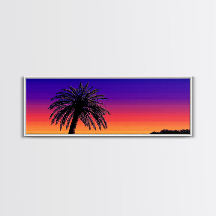 Vibrant Double Palm Sunset Framed Canvas Print, Retro 70s Wall Decor, Tropical Palm Springs Art, Colorful Bedroom Poster