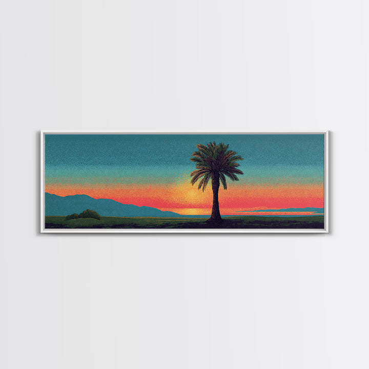Grainy Palm Mountain Sunset Wall Art, Retro California Landscape Print, Teal Orange Mid Century Decor, Tropical Living Room Art