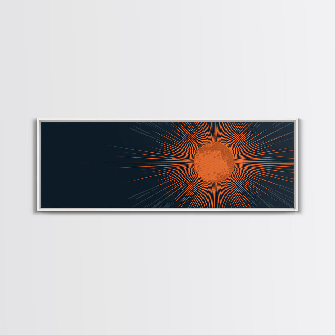 Orange Radiant Sunburst Wall Art, Atomic Mid Century Modern Print, Dark Navy Geometric Decor, Bold Solar Living Room Poster