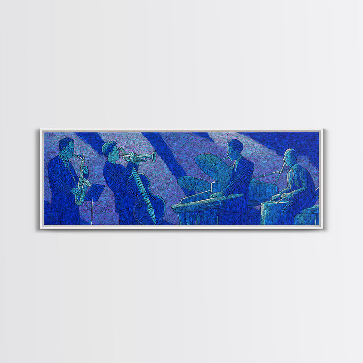 Blue Textured Jazz Ensemble Canvas Print, Modern Wall Art, Midcentury Music Poster, Cool Retro Living Room Home Office Decor