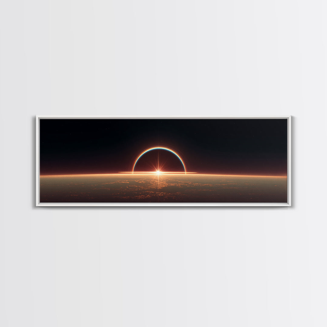 Futuristic Eclipse Horizon Framed Canvas Print, Sci Fi Planet Sunrise Wall Decor, Modern Space Art, Cinematic Living Room Poster