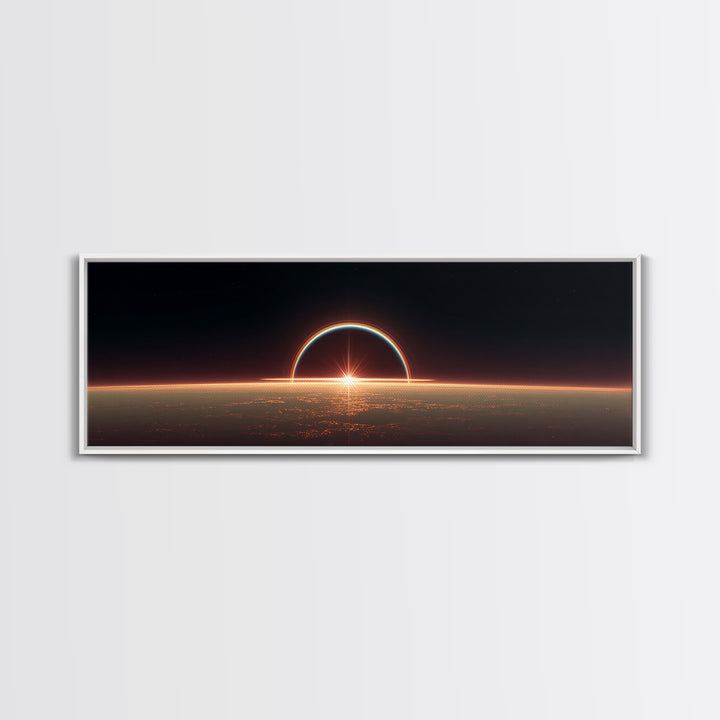 Futuristic Eclipse Horizon Framed Canvas Print, Sci Fi Planet Sunrise Wall Decor, Modern Space Art, Cinematic Living Room Poster