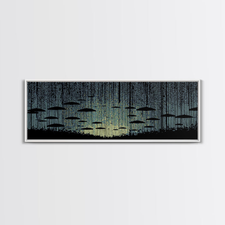 Blue Rain Umbrella Wall Art, Retro Illustration, Atmospheric Modern Art Print, Moody Bedroom Decor And Office Wall Decor