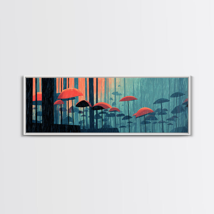 Teal Forest Umbrella Wall Art, Rainy Modern Art Print, Coral Blue Retro Decor, Atmospheric Living Room Canvas Print Gift