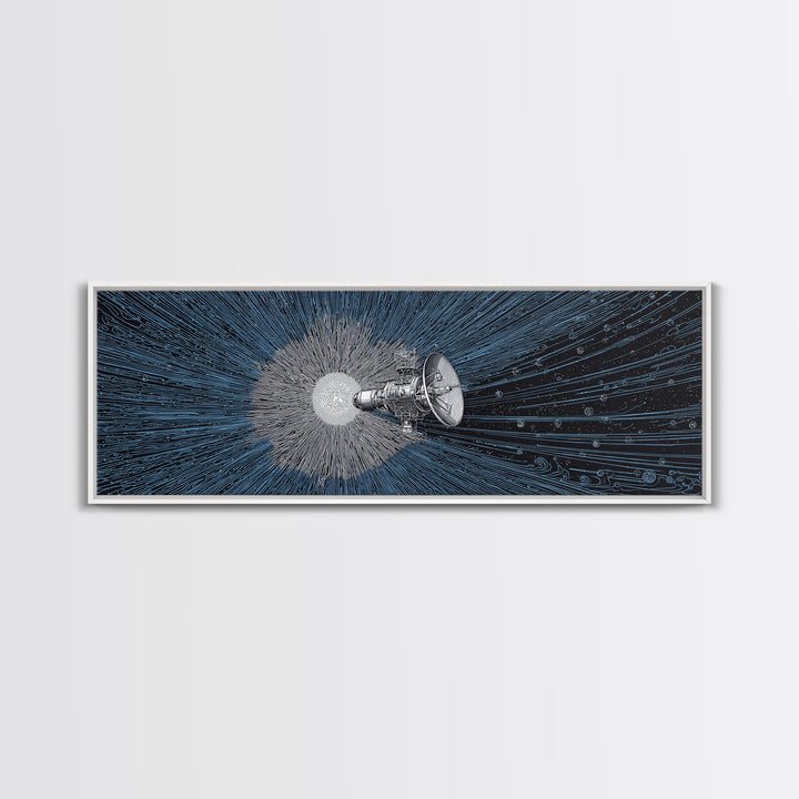 Deep Space Satellite Wall Art, Blue Sci Fi Retro Art, Modern Abstract Art Print, Large Panoramic Poster For Office Decor