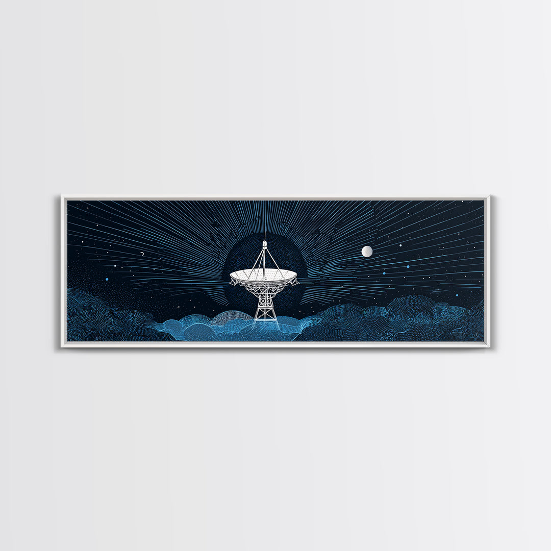 White Radio Telescope Moonlit Wall Art, Retro Sci Fi Observatory Print, Mid Century Modern Space Poster, Blue Panoramic Decor