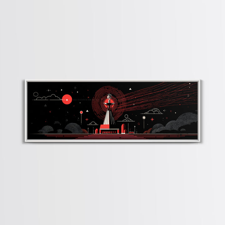Red Observatory Beacon Wall Art, Retro Sci Fi Space Poster, Mid Century Modern Atomic Radio Telescope Panoramic Canvas Print