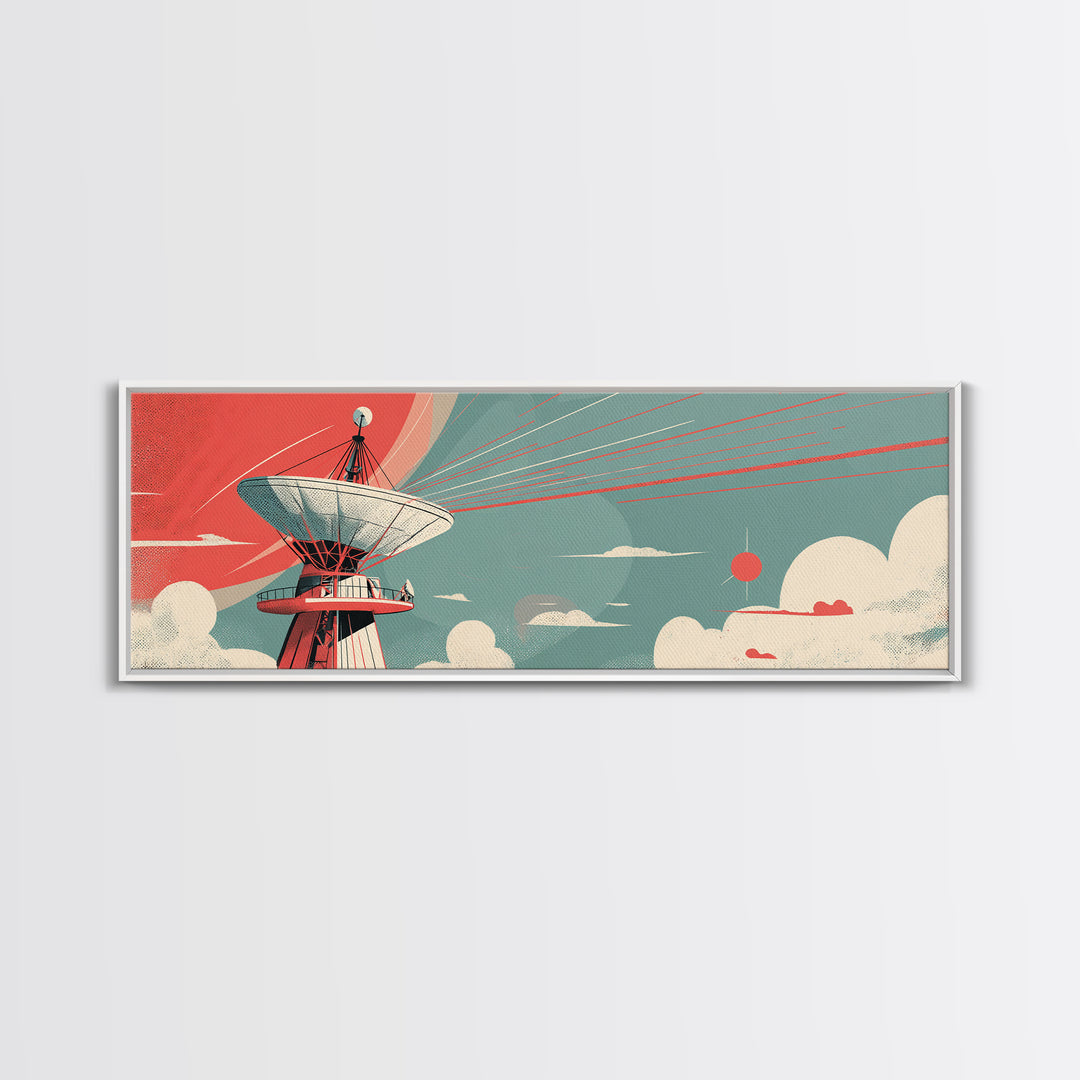 Coral Satellite Dish Sky Wall Art, Retro Sci Fi Observatory Poster, Mid Century Modern Atomic Space Decor, Panoramic Canvas Print