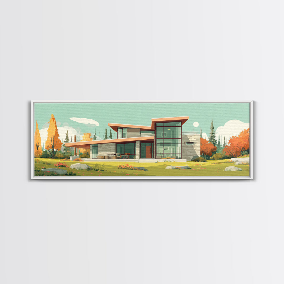 Autumn Glass Modern House Wall Art, Mid Century Modern Architecture Poster, Scandinavian Home Decor, Landscape Framed Canvas Print