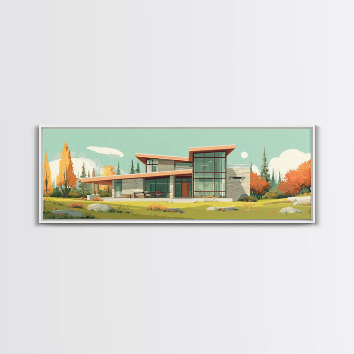 Autumn Glass Modern House Wall Art, Mid Century Modern Architecture Poster, Scandinavian Home Decor, Landscape Framed Canvas Print