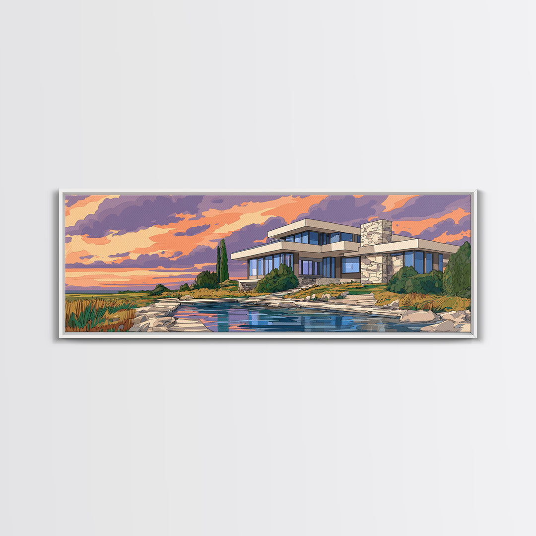 Lakeside Modernist Villa Wall Art, Sunset Mid Century Modern Architecture Poster, MCM Home Decor Scenic Framed Canvas Print