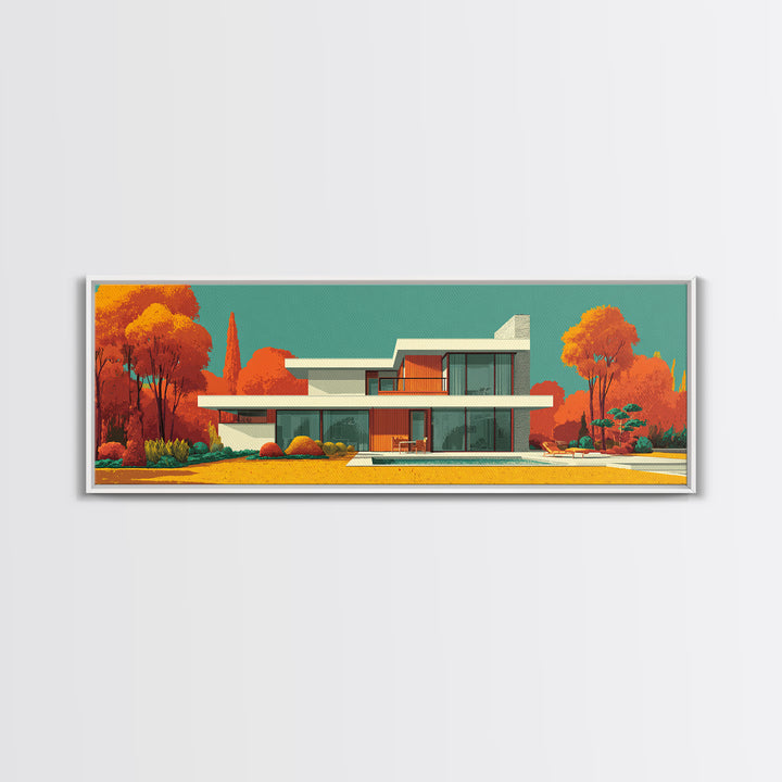 Orange Autumn Mid Century House Wall Art, Modern Architecture Poster, Retro Home Decor, Palm Springs Style Framed Canvas Print