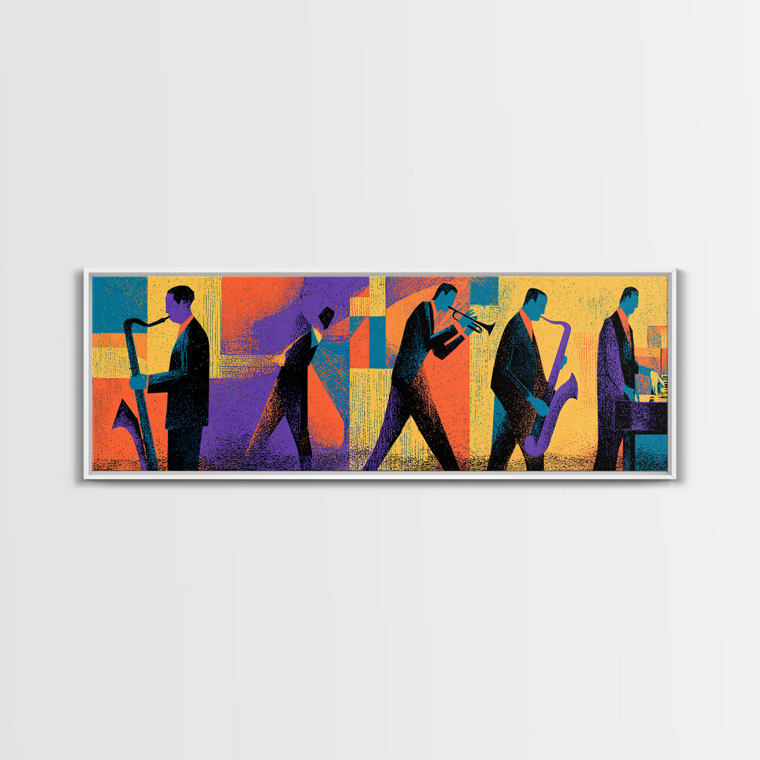 Graphic Jazz Musicians Canvas Print, Midcentury Modern Wall Art, Colorful Abstract Music Poster, Retro Home Office Decor