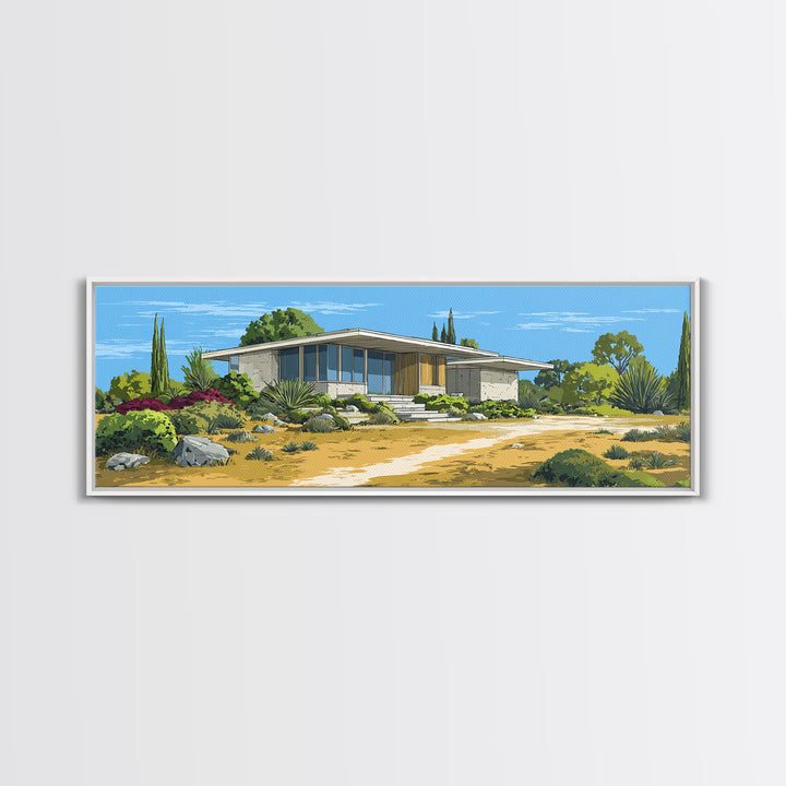 Desert Modern House With Garden Path Canvas Print, Midcentury Architecture Wall Decor, California Poster, MCM Home Art Print