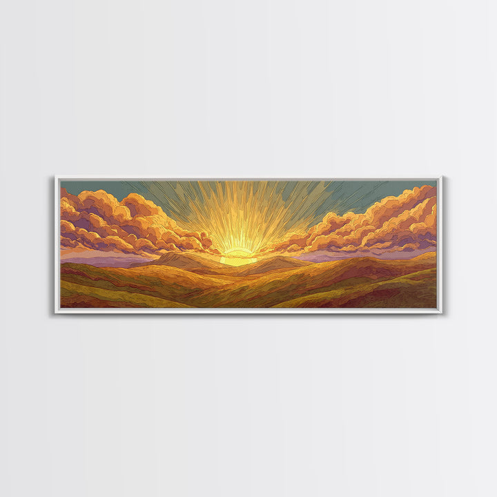 Golden Sunrise Over Desert Valley Framed Canvas Print, Retro Landscape Wall Art, Midcentury Modern Decor, Warm Boho Poster