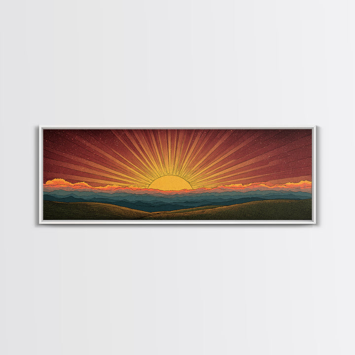 Radiant Orange Sunset Behind Blue Mountains Canvas Print, Midcentury Sun Wall Art, Retro Landscape Decor, MCM Home Poster