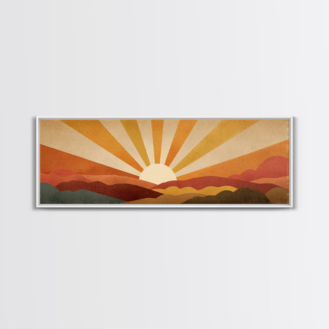 Warm Orange Sun Rays Over Abstract Hills Wall Art, Midcentury Modern Print, Retro Desert Decor, Minimalist Canvas Poster