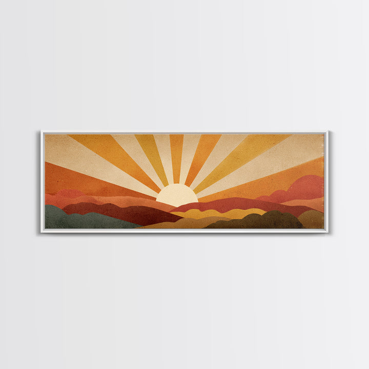 Warm Orange Sun Rays Over Abstract Hills Wall Art, Midcentury Modern Print, Retro Desert Decor, Minimalist Canvas Poster